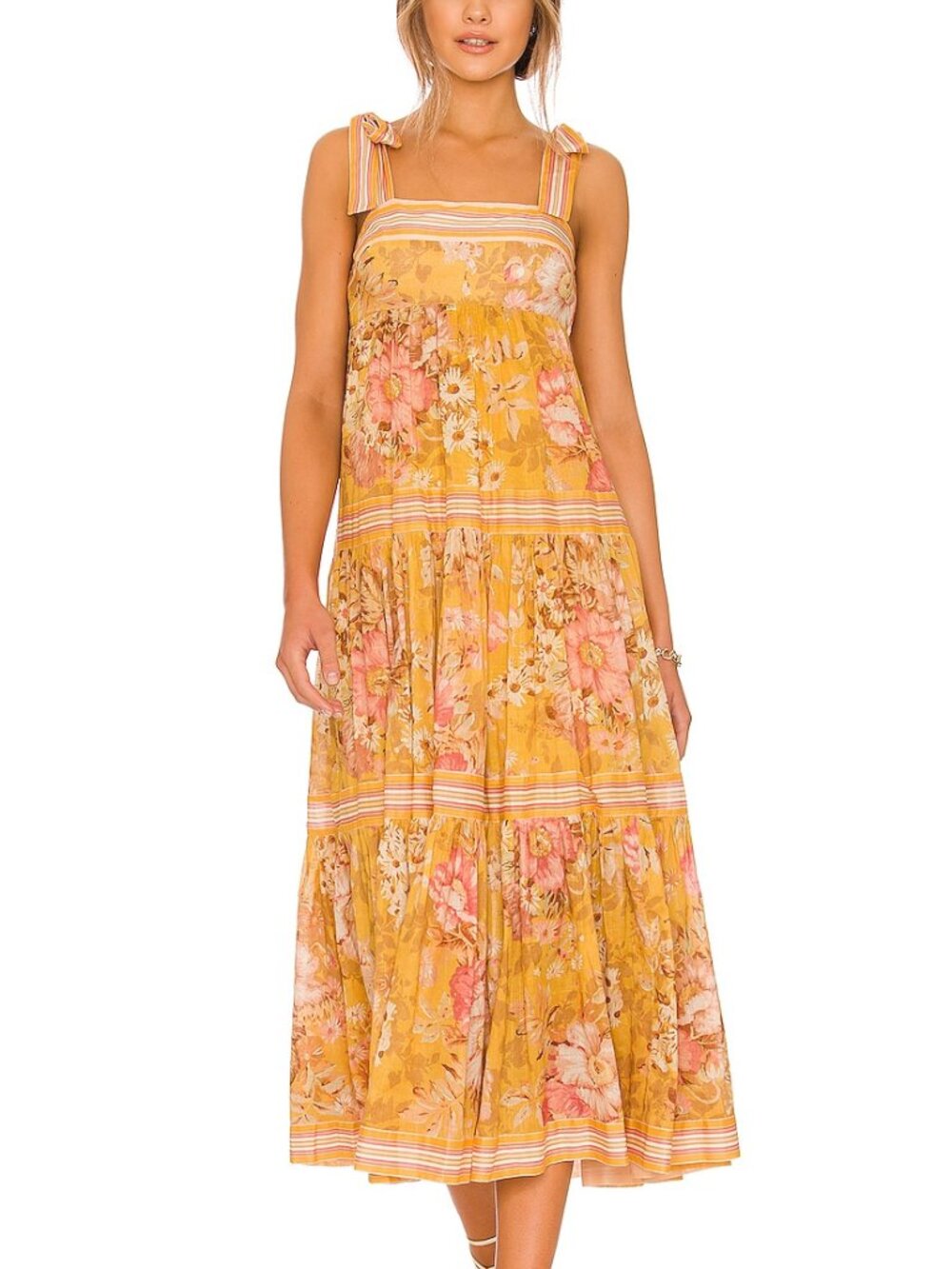 Zimmermann Pattie Mustard Floral Tie-Shoulder Midi Dress